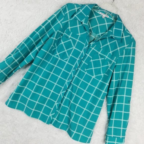 Notations Womens Shirt Top Button Down Blue Check Roll Tab Long Sleeve Petite PL - Picture 12 of 13